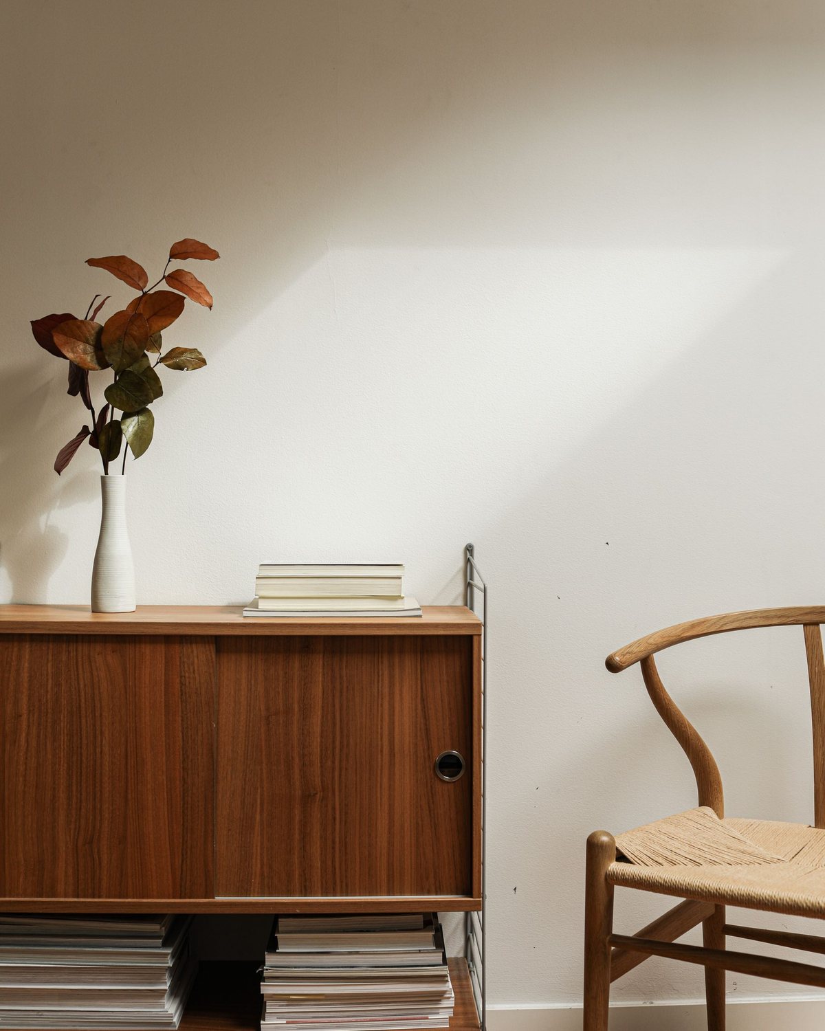 A walnut cabinet, books and a wishbone chair in late sun