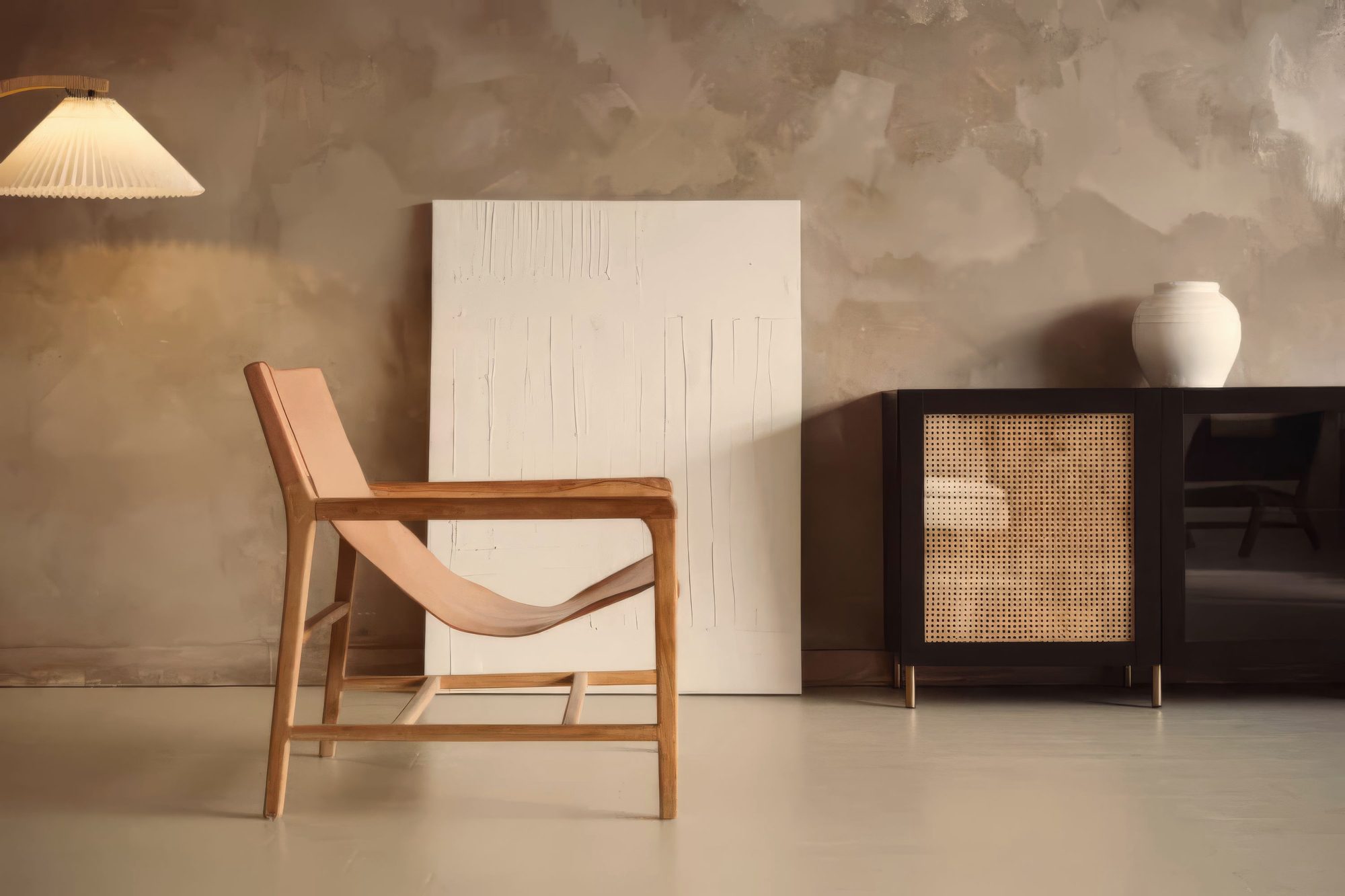 Textured canvas, sling chair and rattan sideboard